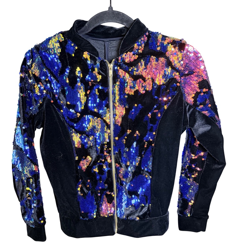 Weissman Sequin Bomber Jacket LC Black Blue Orange Velvet Polyester Spandex